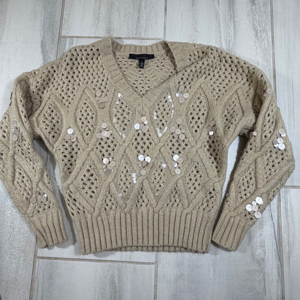 White House Black Market Sequin Cable Knit V-Neck Sweater Tan Beige Medium